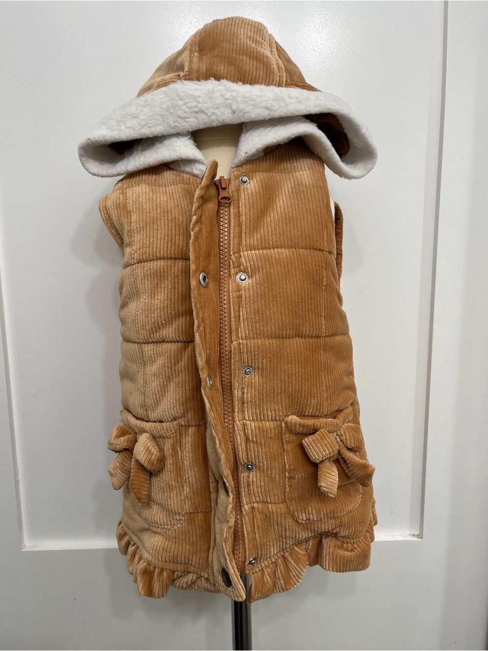 Corduroy Hooded Puffer Vest with Sherpa Lining - Camel